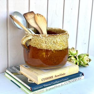 French Vintage Glazed Terracotta Pot: Rustic Farmhouse Utensil Holder