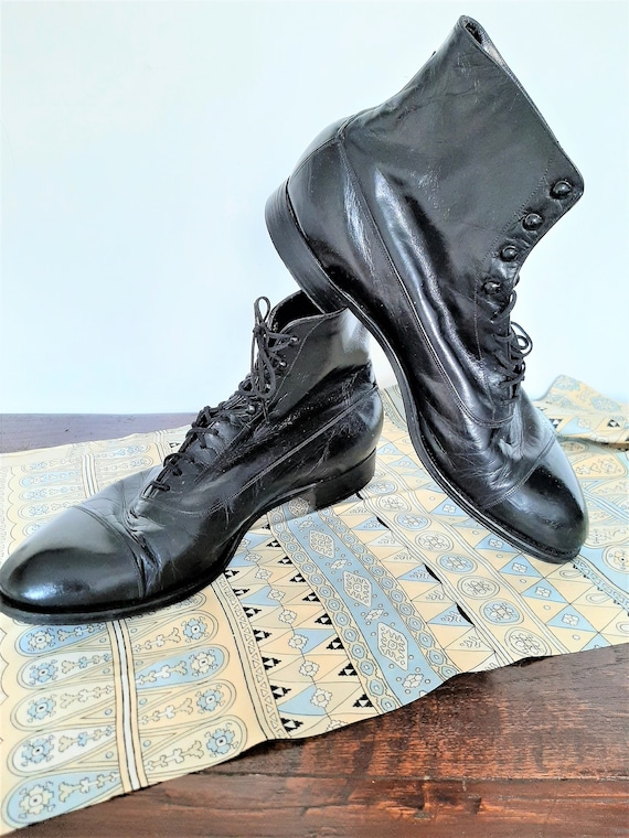 1930s French Mens Boots / Lace Up Black Leather An