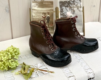 Rare Antique French Leather Child&#39;s Clogs: 1930s Deadstock Boots, Farmhouse Decor