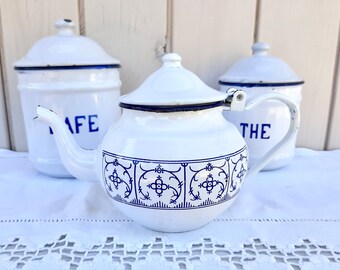 Vintage Saxony Blue Copenhagen Enamel Teapot: Rustic Farmhouse Decor