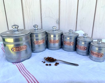Set of 6 French aluminium kitchen nesting canisters with coppper name plates, spice pots, 1940s storage tins, housewarming, wedding gift