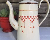Vintage French 1940s enamel Coffee Pot, cafetière ancienne, Rustic French Decor, Red check Lustucru design made in France