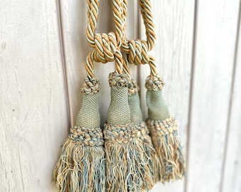 Vintage French Curtain Tiebacks, Tassels, Almond Green Blue Salmon, 1980s Passemeterie