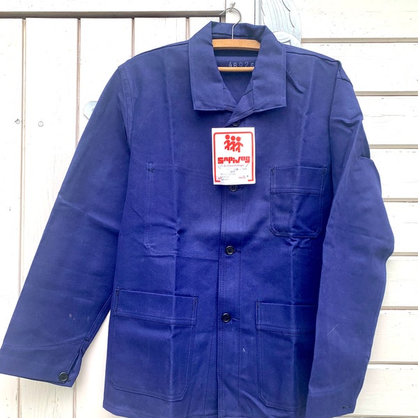 French New Old Stock chore coat, 80s deep Indigo Blue vintage workwear, deadstock painter jacket France Size M/L Sanfor bleu de travail