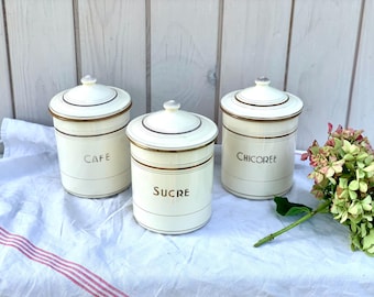 Vintage French Enamel Canisters: Cream & Gold Spice Jars, 1940s Kitchen Decor
