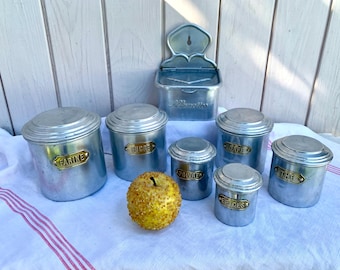 Vintage French Aluminium Kitchen Canisters & Match Box - 1940s Home Decor