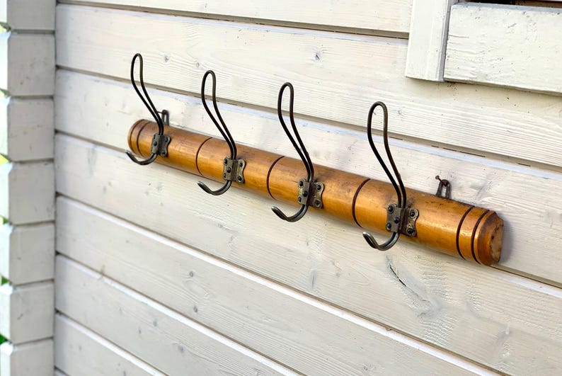 French Vintage Faux Bamboo Coat Rack: Industrial Metal Hooks image 5
