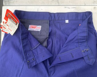 Deadstock French indigo blue pleated chore pants, waist size 38", new old stock, 100% cotton sanfor worker painter trousers made in France