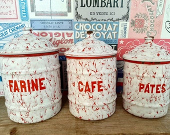 Vintage French Enamel Kitchen Canisters: 1930s Graniteware Set