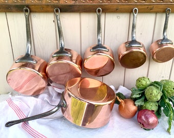 Vintage French 1.4mm Copper Pot 6 pce set, copper rivets, hanging decor country farmhouse kitchen France, for re-tinning