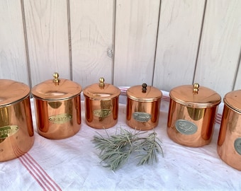 Set of 3 French copper nesting canisters, brass OR grey name plates Sucre, Cafe, The, Rustic Modern Decor, excellent condition
