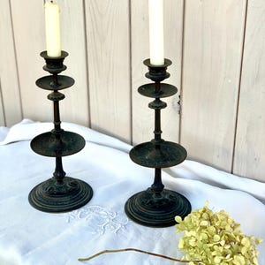 Stylish pair of vintage French black candlestick holders, heavy quality, decorative, housewarming present, wedding gift, home decor France