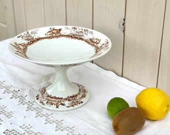 English Ironstone Transferware Antique Cake Stand, white and brown, early 1900s, beautiful model BWM & Co Poultry, Romantic tableware
