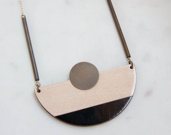 Geometric Wooden Necklace: Hand-Painted Black Linden Wood, Brass Chain