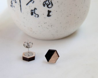 Black Hexagon Wooden Stud Earrings: Hand-Painted Geometric Jewelry