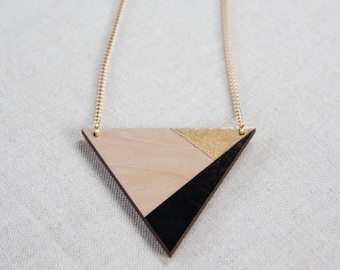 Triangle necklace, long necklace, geometric wooden necklace, modern casual jewelry, black, gold and nature wood color, hand painted jewelry