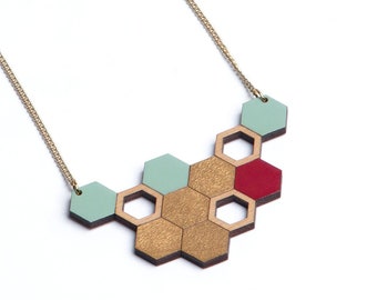 Beehive, honeycomb beech wood necklace, geometric modern necklace, Light blue, Gold and Red hand painted jewelry, statement necklace