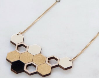 Honeycomb wooden necklace, modern geometric beehive necklace, Ivory, Black & Gold, hand painted jewelry