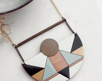 Bauhaus Wooden Necklace | Hand Painted Geometric Pendant | Beech Wood & Aged Brass Jewelry