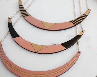 Dusty pink geometric multi-colour choker necklace, modern wooden jewellery, hand painted wood