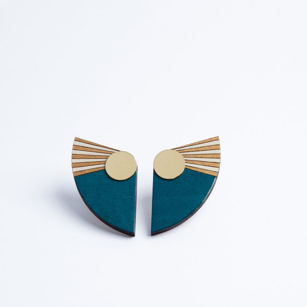 Petrol blue Art Deco earrings, wing earrings, fan earrings, wooden stud earrings, egypt wings, post earrings, statement earrings, clip on