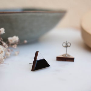 Black & Silver triangle wooden stud earrings, triangle ear studs, modern minimalist geometric triangle earrings, hand painted jewellery