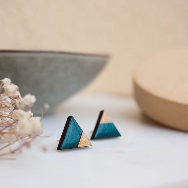 Petrol Blue & Gold triangle earrings, modern wooden earrings, geometric small earrings, hand painted stud earrings