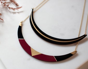 Choker Necklace, Short collar wooden necklace, quarter moon necklace, modern Art Deco necklace, in garnet, burgundy, black and gold colors