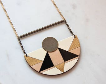 BUG necklace, geometric wooden necklace, Ivory, Black & Gold semicircle necklace, long necklace, hand painted jewelry, gift for her