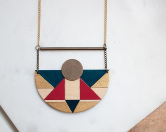 Bauhaus Wooden Necklace | Hand Painted Geometric Pendant | Beech Wood & Aged Brass Jewelry