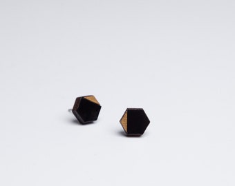Geometric Hexagon Stud Earrings: Hand-Painted Black & Gold Wood