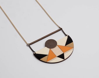 BUG necklace, long statement geometric necklace, semicircle wooden necklace, in ivory, orange, black and gold colors, hand painted jewelry