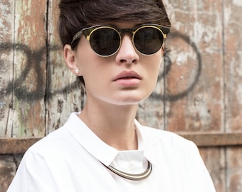 Hand Painted Wooden Choker Necklace: Black & Gold Geometric Collar