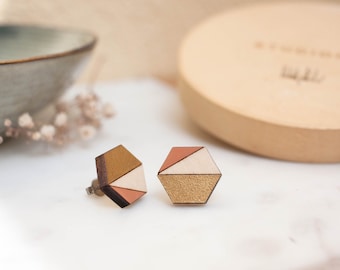 Geometric Hexagon Stud Earrings: Hand-Painted Linden Wood Jewelry
