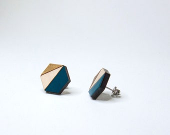 Hexagon earrings, wooden studs, post earrings in Petrol Blue , Natural wood & Gold colors, Geometric modern earrings, hand painted jewelry