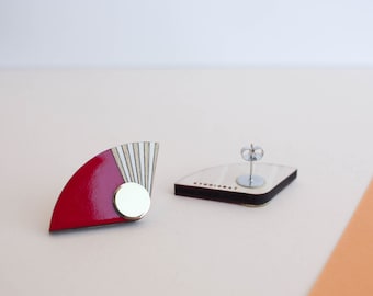 Cherry Red Wooden Wing Earrings: Art Deco Brass Disc Statement Earrings
