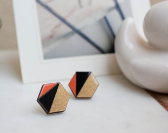 Orange Hexagon Wooden Stud Earrings: Geometric Hand Painted Jewelry, Halloween spirit