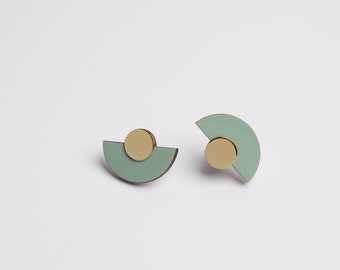 Light Blue and gold Earrings: wood and Brass Bauhaus jewelry