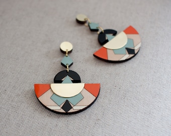 Art Deco Dangle Earrings: Hand-Painted Wood & Brass Jewelry