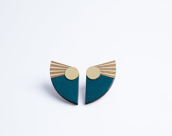 Petrol blue Art Deco earrings, wing earrings, fan earrings, wooden stud earrings, egypt wings, post earrings, statement earrings, clip on