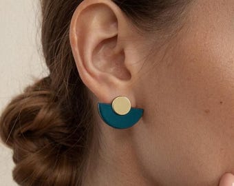 Teal earrings, Bauhaus Jewelry, architectural Wood & Brass petrol blue Earrings