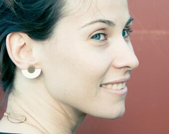 Ivory Half-Moon Wooden Earrings: Hand-Painted Brass Studs