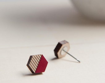 Cherry Red Wooden Hexagon Earrings: Striped Geometric hand painted Jewelry