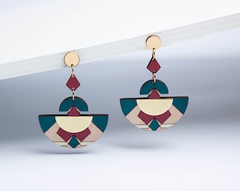 Geometric Wood Dangle Earrings: Hand-Painted Brass Statement Jewelry