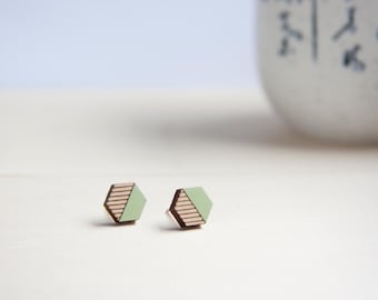 Green Mint Hexagon Wooden Stud Earrings: Surgical Steel Posts
