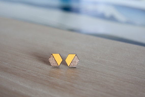 Mustard Yellow Hexagon Wooden Stud Earrings: Geometric Jewelry