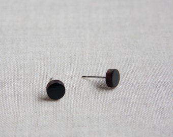 Small black wooden stud earrings, circle studs, dainty studs, unisex, modern geometric jewelry, wooden jewelry, circle earrings