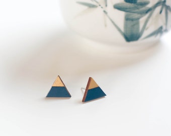Small triangle wooden earrings, blue and gold, laser-cut lime wood, post earrings, studs, modern, geometric studs, handpainted, nickel free