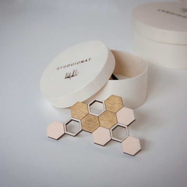 Beehive wooden brooch, gold & salmon-pink, honeycomb, laser cut wood, handpainted with acrylic colors