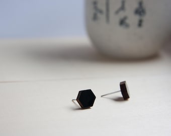 Small hexagon studs, black studs, wooden earrings, post earrings, unisex, minimal, modern geometric jewelry